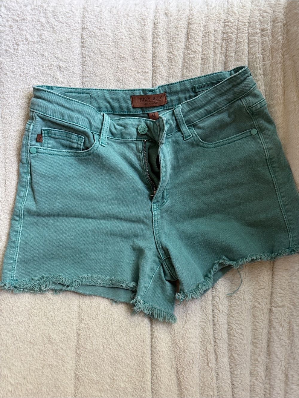 KanCan Teal High-Rise Frayed Hem Jean Shorts